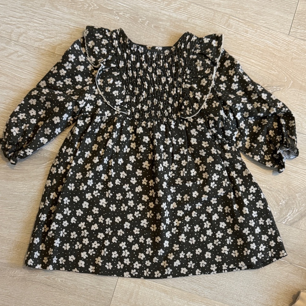 Zara Black Floral Smocked Ruffle Long-Sleeve Top